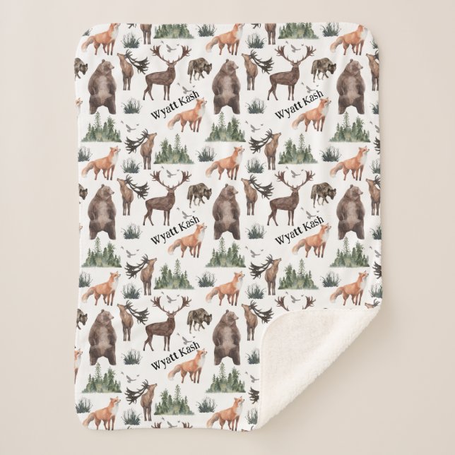 Watercolor Woodland Forest Animals Name Sherpa Blanket (Front)