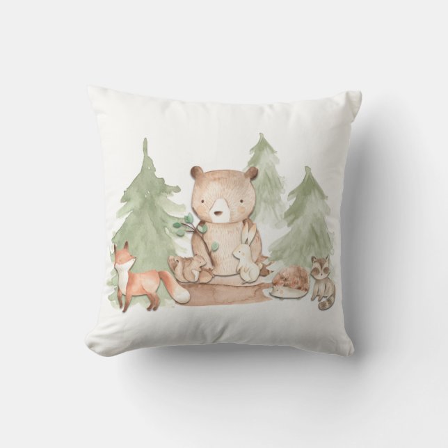 Watercolor Woodland Forest Animals Nursery Bedroom Cushion (Front)