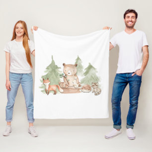 Watercolor Woodland Forest Animals Nursery Bedroom Fleece Blanket