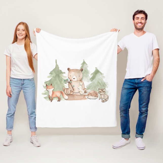 Watercolor Woodland Forest Animals Nursery Bedroom Fleece Blanket (In Situ)