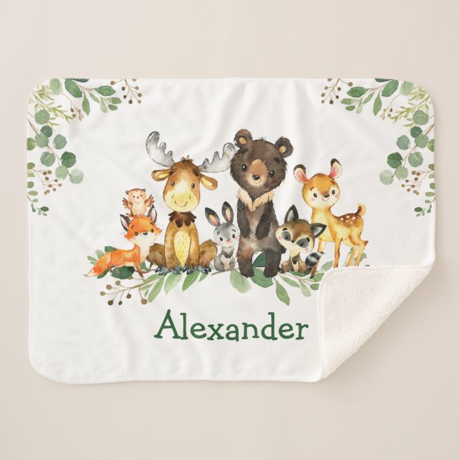 Watercolor Woodland Forest Animals Sherpa Blanket (Front (Horizontal))