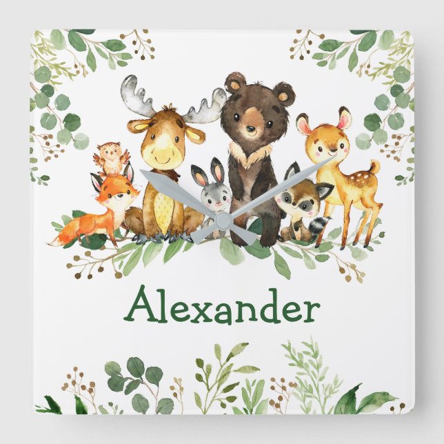 Watercolor Woodland Forest Animals Square Wall Clock (Front)