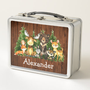 Watercolor Woodland Forest Animals Wood Print Metal Lunch Box