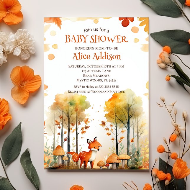 Watercolor Woodland Forest Autumn Fox Baby Shower Invitation (Creator Uploaded)