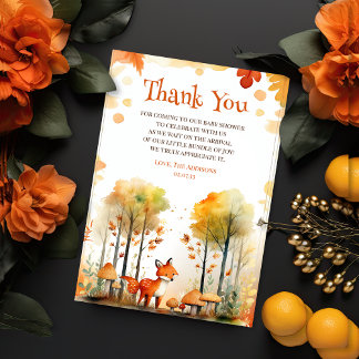 Watercolor Woodland Forest Autumn Fox Baby Shower Thank You Card