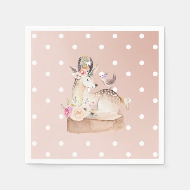 Watercolor Woodland Forest Deer & Bird Baby Shower Napkin (Front)