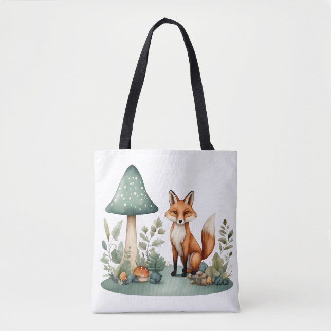 Watercolor Woodland Forest Fox and Mushrooms  Tote Bag (Front)