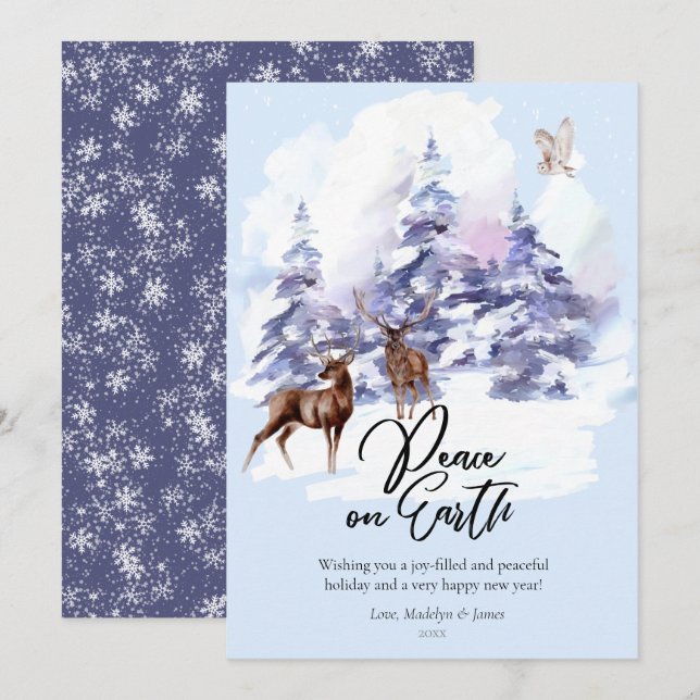 Watercolor Woodland Forest Peace on Earth  Holiday Card (Front/Back)