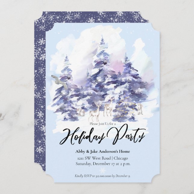 Watercolor Woodland Forest Winter Holiday Party Invitation (Front/Back)