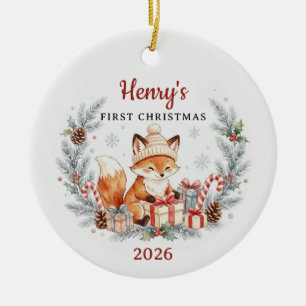 Watercolor Woodland Fox Baby 1st Christmas Ceramic Tree Decoration