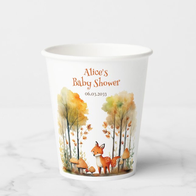 Watercolor Woodland Fox Baby Shower Paper Cups (Front)