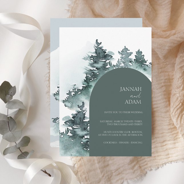 Watercolor Woodland Green Pine Trees Wedding Invitation (Creator Uploaded)