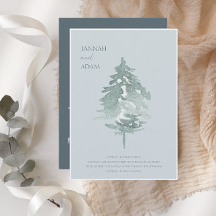 Watercolor Woodland Green Pine Trees Wedding Invitation