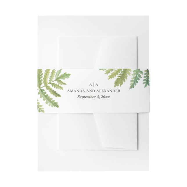 Watercolor woodland greenery fern foliage wedding invitation belly band (Front Example)