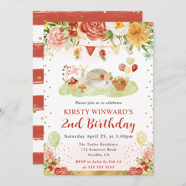 Watercolor Woodland Hedgehog Kids Birthday Invitation (Front/Back)