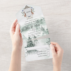 Watercolor Woodland Laurel Crest Monogram Wedding All In One Invitation