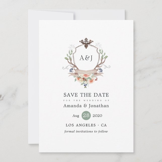 Watercolor Woodland Laurel Crest Monogram Wedding Save The Date (Front)