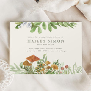 Watercolor Woodland Mushroom Greenery Baby Shower Invitation