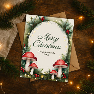 Watercolor Woodland Mushroom Merry Christmas Holiday Postcard