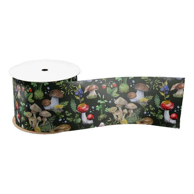 Watercolor Woodland Mushrooms Moss Berries Plants Satin Ribbon (Spool)