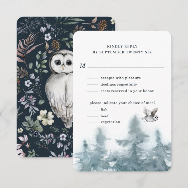 Watercolor Woodland Owl Botanical w Meal RSVP Card (Front/Back)