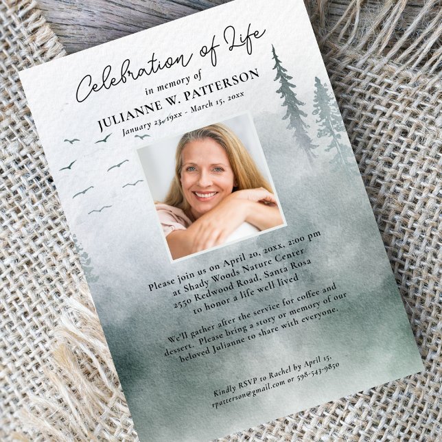 Watercolor Woodland Pine Celebration of Life Photo Invitation (Creator Uploaded)