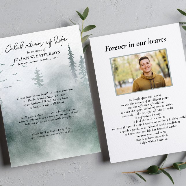 Watercolor Woodland Pines Celebration of Life Invitation (Creator Uploaded)