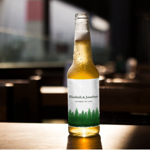 Watercolor Woodland Pines Wedding Beer Bottle Label