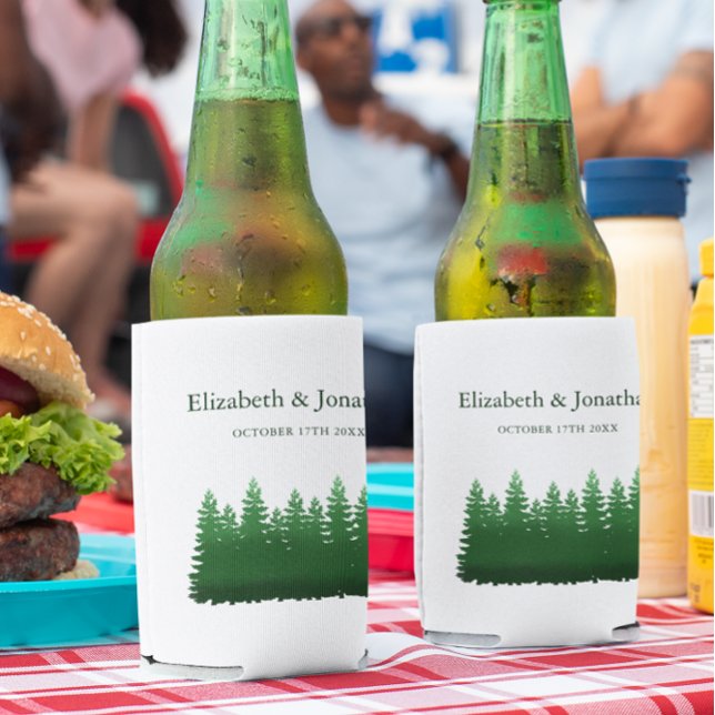 Watercolor Woodland Pines Wedding Can Cooler (Creator Uploaded)