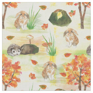 Watercolor Woodland Rabbit ,Hedgehog Fabric