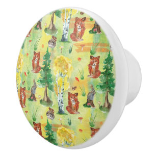 Watercolor Woodland Rabbit ,Hedgehog,fox Ceramic Knob