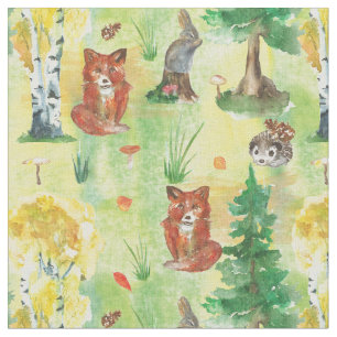Watercolor Woodland Rabbit ,Hedgehog,fox Fabric