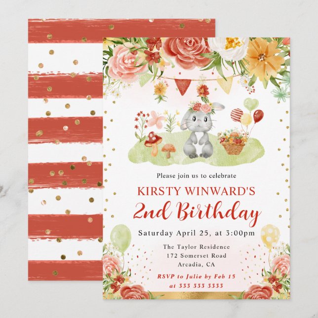 Watercolor Woodland Rabbit Kids Birthday Invitation (Front/Back)