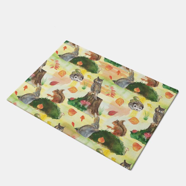 Watercolor Woodland Rabbit,owl, squirrel, hedgehog Doormat (Angled)