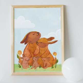 Watercolor Woodland Rabbits Nursery Room Poster