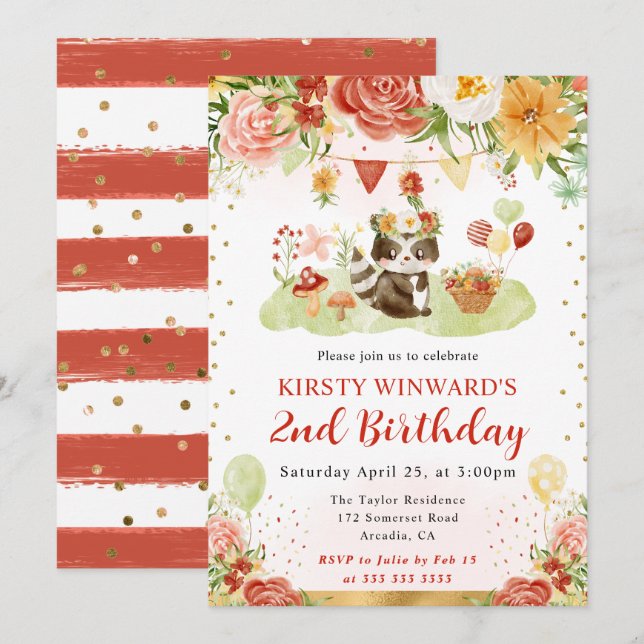 Watercolor Woodland Racoon Kids Birthday Invitation (Front/Back)