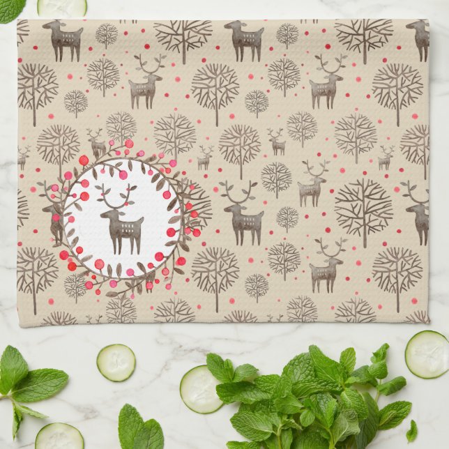 Watercolor Woodland Reindeer Pattern Earth Tone Tea Towel (Folded)