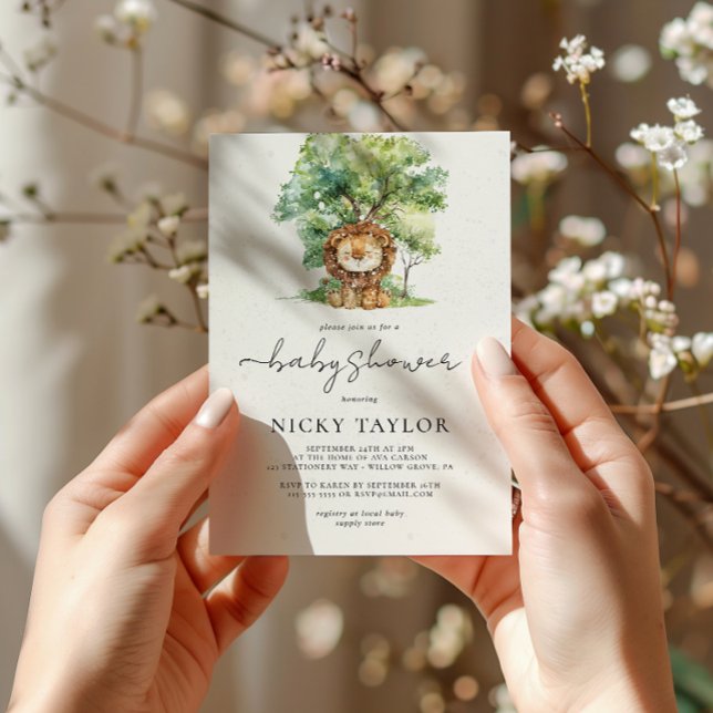 Watercolor Woodland Snow Lion Baby Shower Invitation (Creator Uploaded)