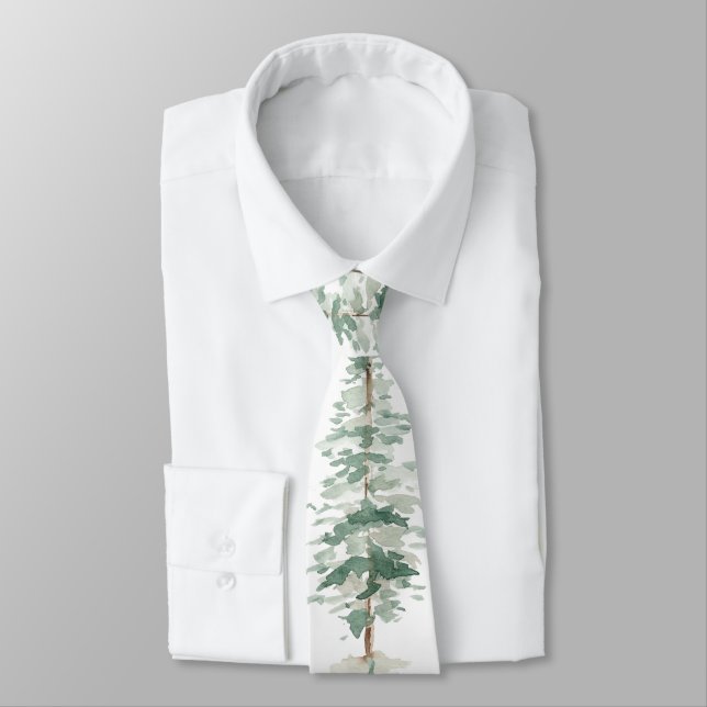 Watercolor Woodland Spruce Tree Tie (Tied)