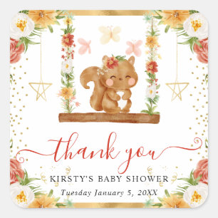 Watercolor Woodland Squirrel Baby Shower Square Sticker
