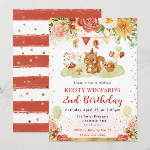 Watercolor Woodland Squirrel Kids Birthday Invitation