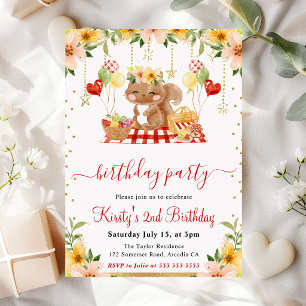 Watercolor Woodland Squirrel Picnic Birthday Invitation