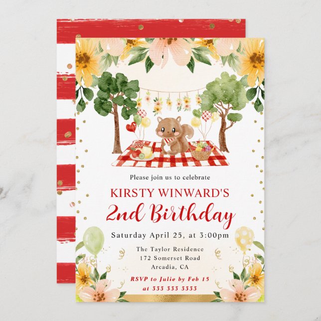 Watercolor Woodland Squirrel Picnic Kids Birthday Invitation (Front/Back)