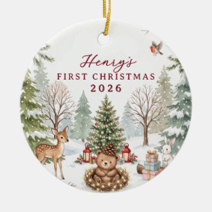Watercolor Woodland Storybook Baby 1st Christmas Ceramic Tree Decoration
