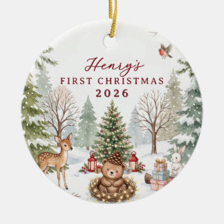 Watercolor Woodland Storybook Baby 1st Christmas Ceramic Tree Decoration