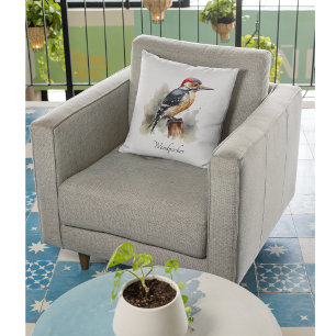 Watercolor Woodland Woodpecker, custom Cushion