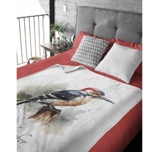 Watercolor Woodland Woodpecker, custom Fleece Blanket