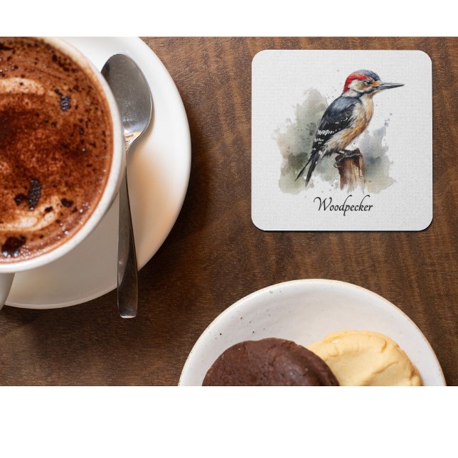 Watercolor Woodland Woodpecker, custom Glass Coaster (Creator Uploaded)
