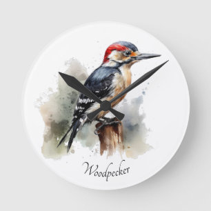Watercolor Woodland Woodpecker, custom Round Clock