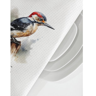 Watercolor Woodland Woodpecker, custom Tea Towel